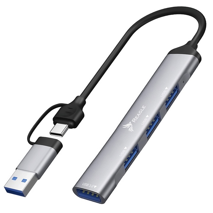 HUB 4 az 1-ben C típusú USB USB A típusú Reagle többportos adapter USB A USB C, USB-C 3.1 alumínium ezüst