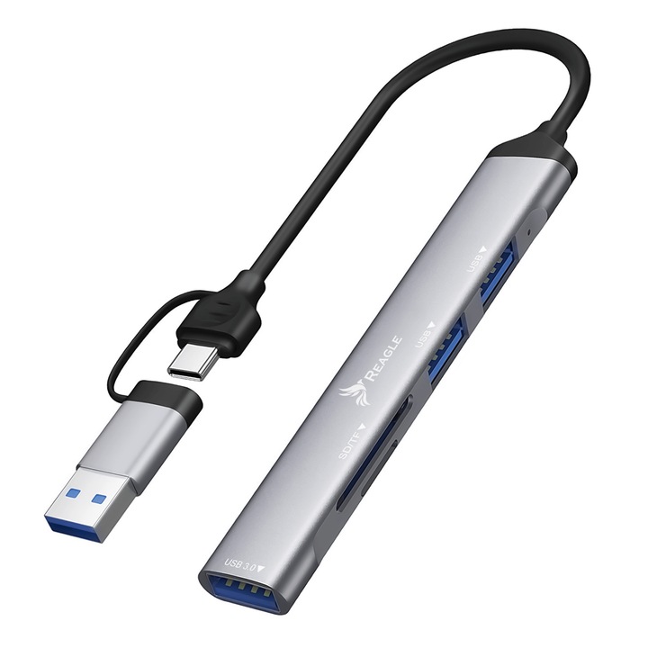 Хъб 5 в 1 USB Type C - USB Type A Reagle многопортов адаптер USB A USB C с четец за колички, USB-C 3.1 алуминиев сребрист