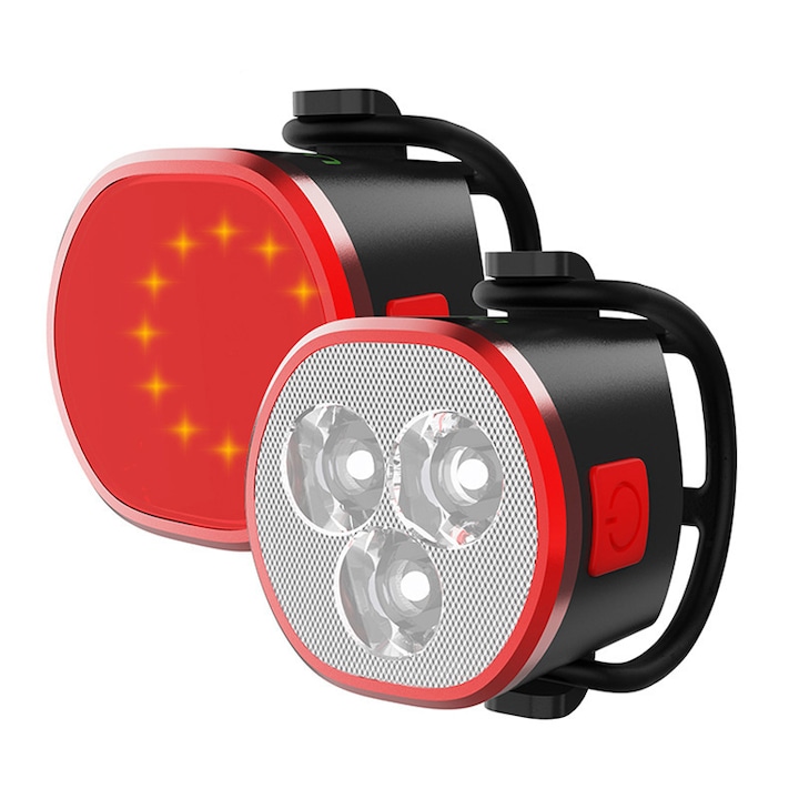 MoKo USB újratölthető kerékpárlámpa készlet, szuper fényes fényszóró és LED hátsó kerékpárlámpa, 650 mAh-s lítium akkumulátor, 4 világítási mód (2 USB-kábel és 4 heveder mellékelve)