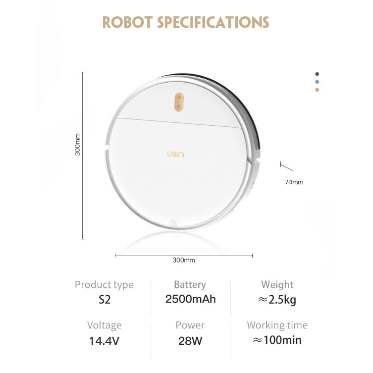 Robot de aspirare Uoni S2, 28W, WiFi App, 100 min, Slim vacuum cleaner, Silentios, Alb