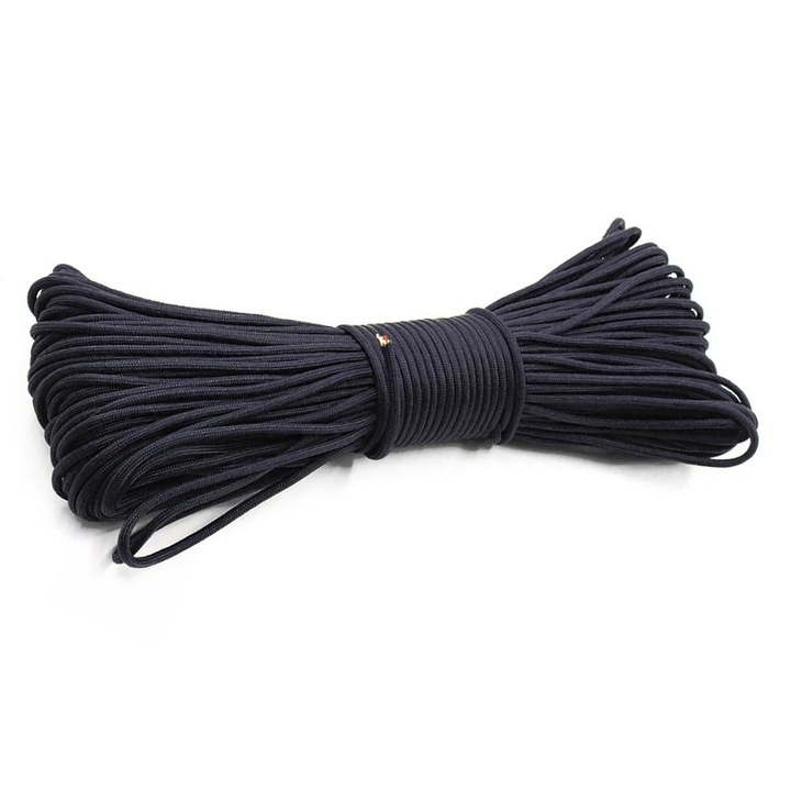 Paracord negru Origin Outdoors lungime 30 m rezistanta 250 Kg, 7 fire impletite interiare, plus fir cerat, fir de pescuit, fir de bumbac