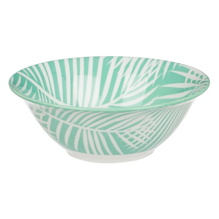 Zöld porcelán tál fehér trópusi levelekkel, 450 ml