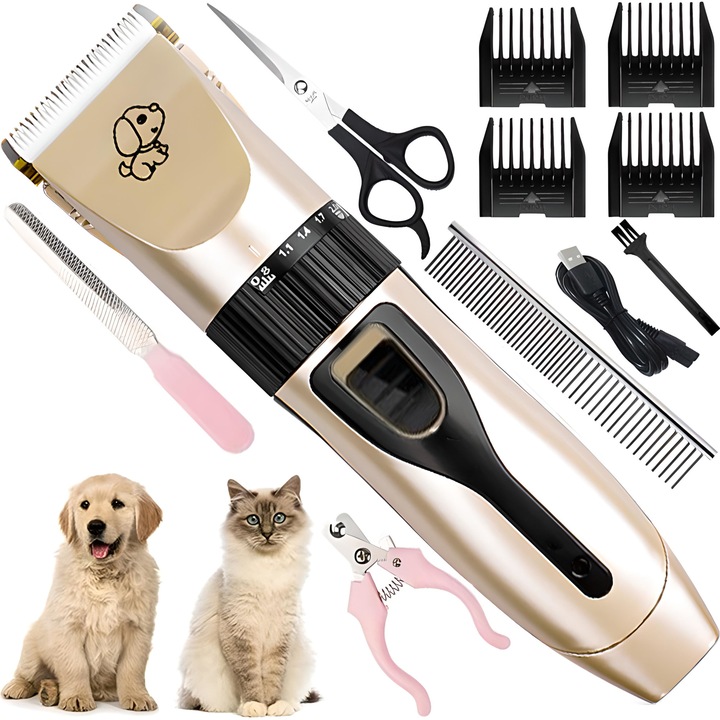 Set Masina De Tuns Animale,12 piese, Clste Unghii, Foarfeca, Pieptan si Pilit, Caini, Pisici, Fara Fir, Auriu Negru