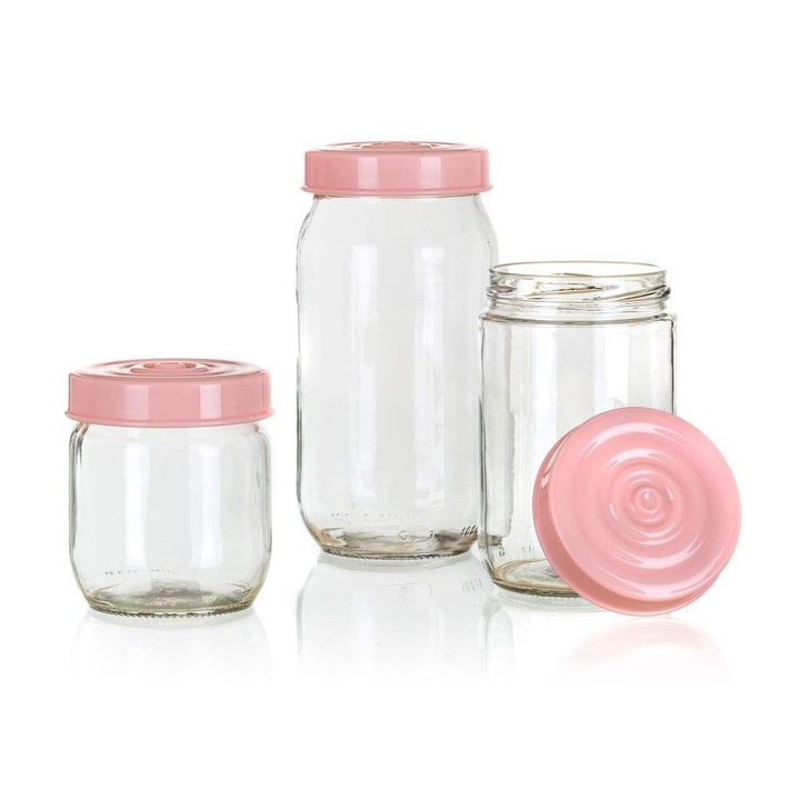 Set 3 borcane din sticla, 425/660/1000 ml, Roz