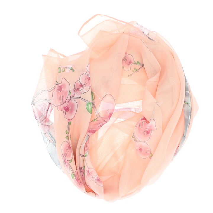 Esarfa, de dama, Buticcochet, din poliester, imprimeu cu flori, 50x150 cm, Roz piersica - ES2105