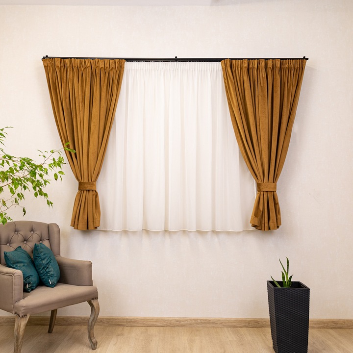 Hiko комплект от 5 части, две къси завеси 2x140x150cm от Comfy коняково кадифе с 2 ленти за закопчаване и завеса Ana воал 300x150cm, с кант