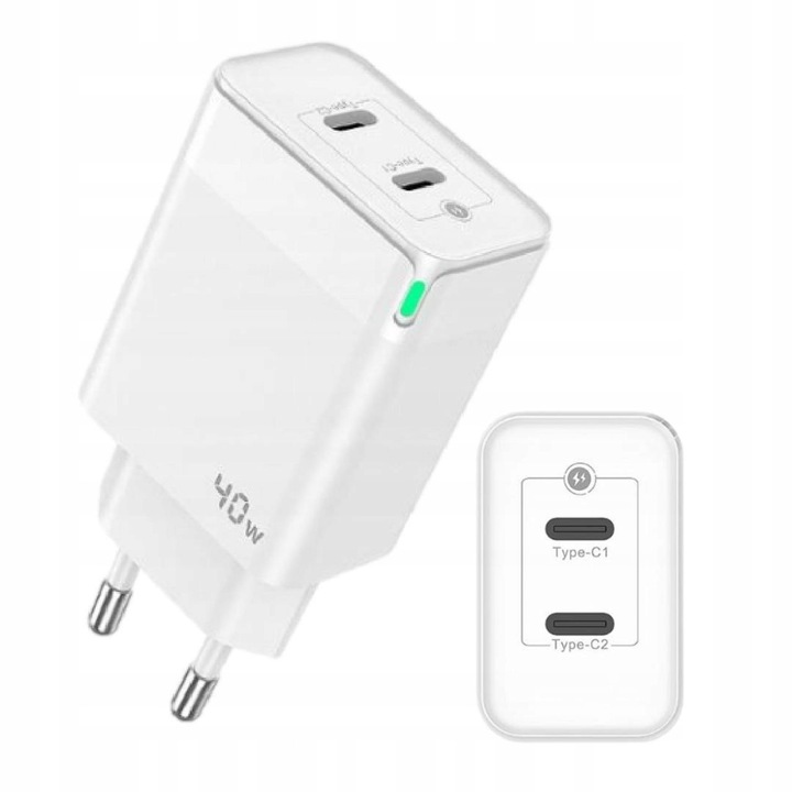 Incarcator Retea Prestico F16 2 x USB-C, PD, Fast Charge, 40W Alb