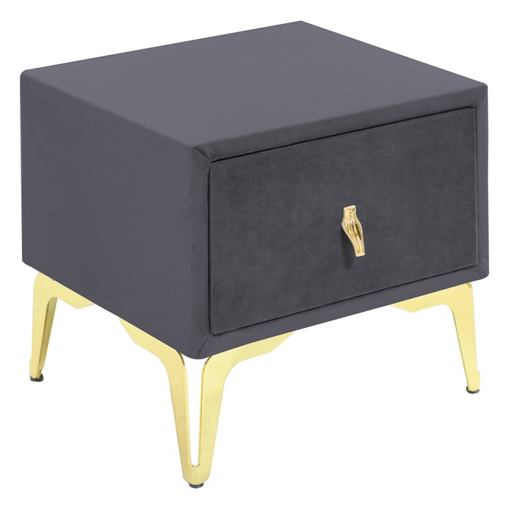 Noptiera tapitata gri inchis, cu picioare aurii, 40cm*45cm*36cm, Mobila JAKY