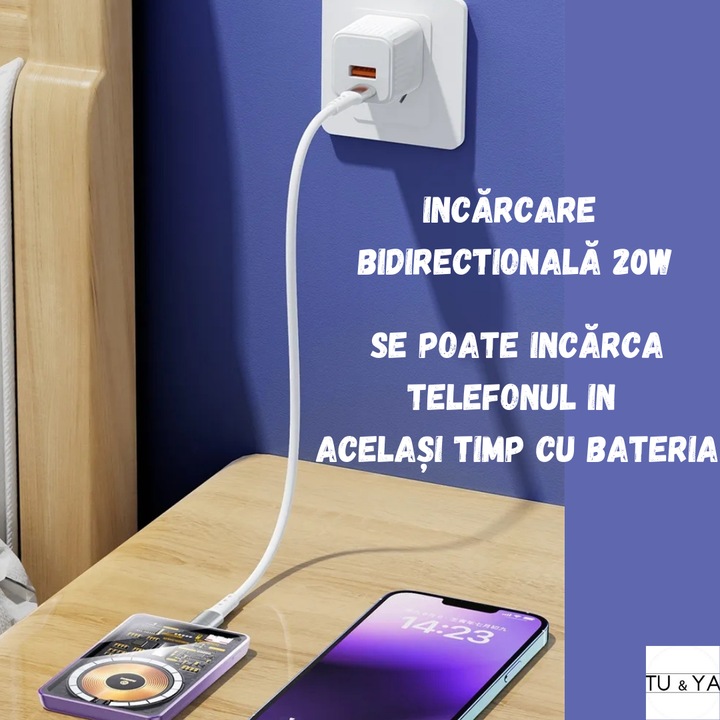 Baterie Externa Magnetica, Capacitate 10.000 mAh. wireless TU&YA®, Universala si pentru Tigara electronica prin cablu USB, Incarcare wireless Fast Charge 15W, 20W prin cablu, Compatibila cu Magsafe, Conform standard Qi, Mov