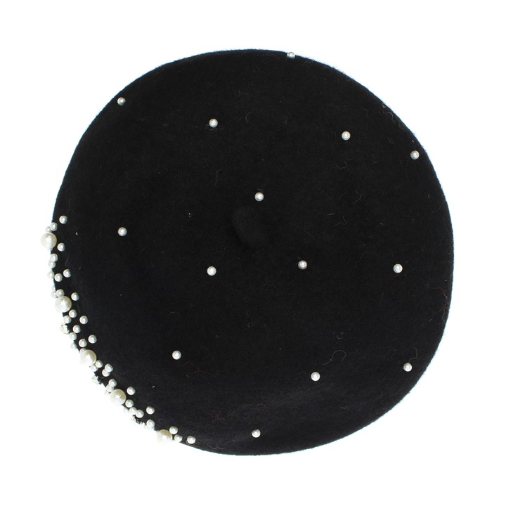 Bereta de dama, din lana, ButicCochet, one size, model cu strasuri si perle, Negru - BSC542