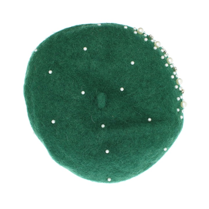 Bereta de dama, din lana, ButicCochet, one size, model cu strasuri si perle, Verde - BSC543