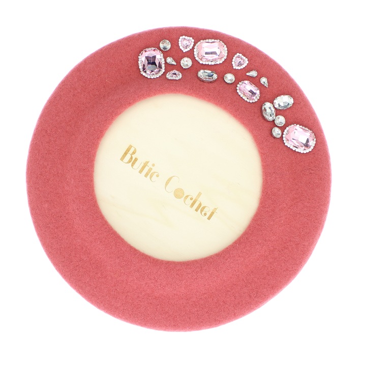 Bereta de dama, din lana, ButicCochet, one size, model cu strasuri decorative, Roz somon - BSC572