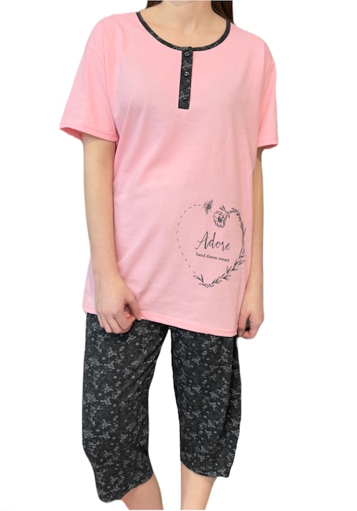 Pijamale dama Christina Secret, Tricou roz deschis, pantaloni 3/4, Din bumbac, Roz