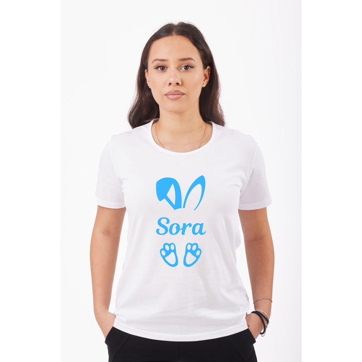 Tricou pentru dama personalizat, Imprimeu Paste Iepuras baietel urechi albastre - Sora, Bumbac, Alb, XS