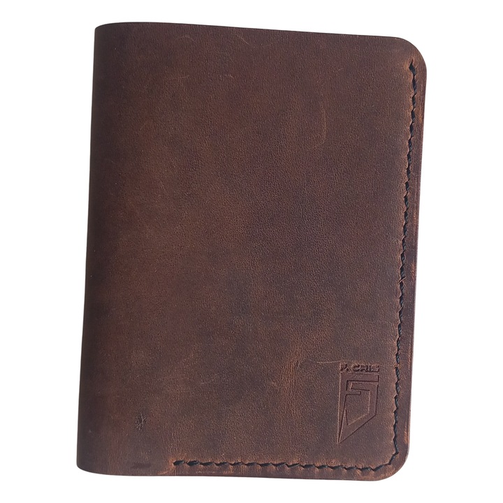 Portofel vertical, Lucrat si cusut manual, Maro, Piele Naturala,12x9.5x1.2 cm