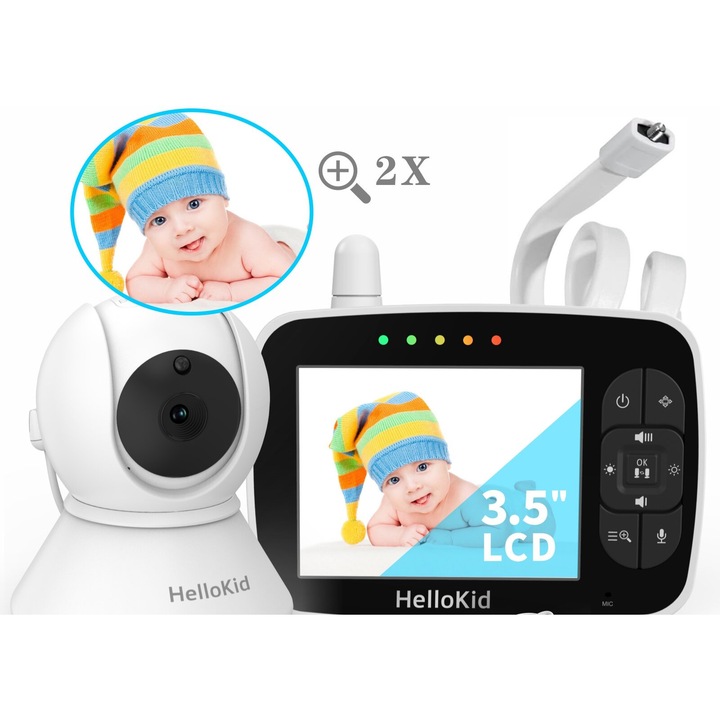 Baba videómonitor, WiFi, HelloKid SE II 3.5” UltraHD Night Vision, 2X Digitális Zoom, Pan-Tilt 355°/120°, ECO Mód, Kétirányú kommunikáció, Hőmérséklet szenzor, Riasztás, Dalok, Fehér/Fekete