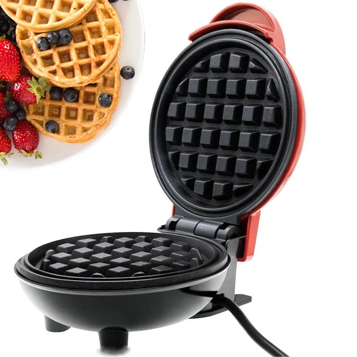 Mini Aparat de facut gofre si vafe, Bukate, Placi antiaderente, Indicator luminos, Rosu