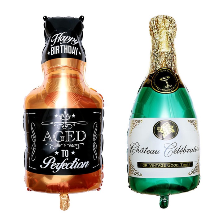 Set 2 baloane folie aniversare, figurine sticla de sampanie si sticla de wiskey, 90 cm