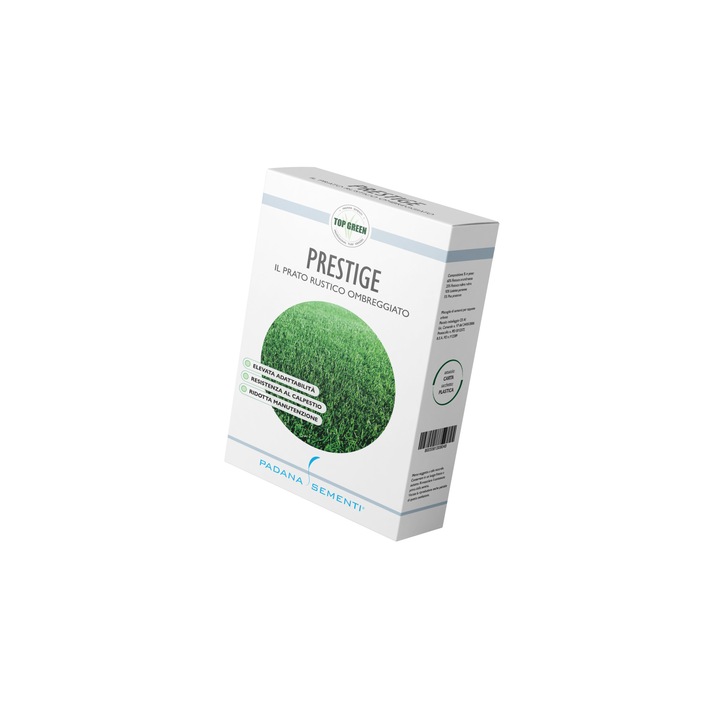 Seminte de gazon profesionale Padana© Prestige, 1 kg, acoperire 35 metri patrati, zone mixte soare/umbra, intretinere redusa, permite taieri joase