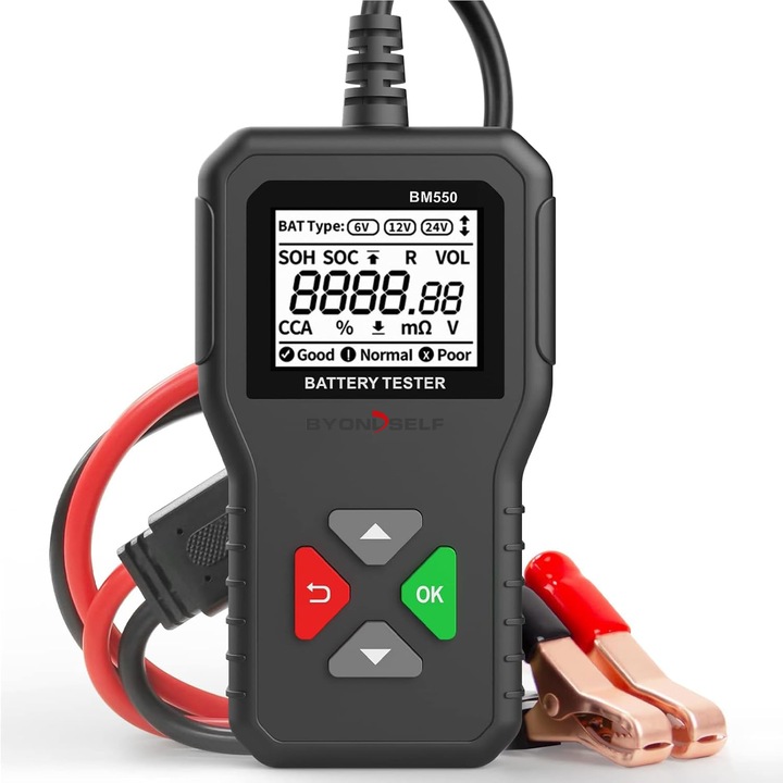 BYONDSELF 6V/12V/24V тестер за автомобилни акумулатори, 100-2000 CCA 2Ah-220 Ah, цифров анализатор на батерии за автомобили, камиони, мотоциклети, SUV, лодки