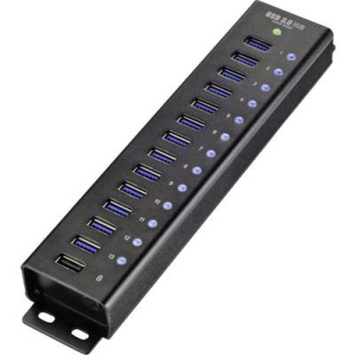 Портов USB хъб, 13+1 алуминиев, с бързо зарядно, за стенен монтаж, Renkforce (RF-3897144)