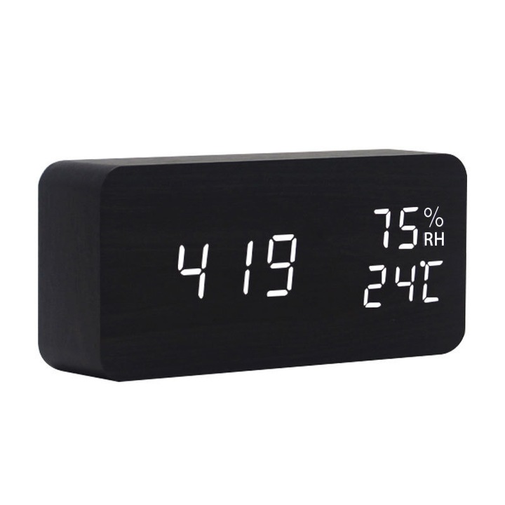 Ceas cu alarma digital, Afisare ora temperatura umiditate, Culoare lemn negru, Dimensiuni 15x7x4 cm