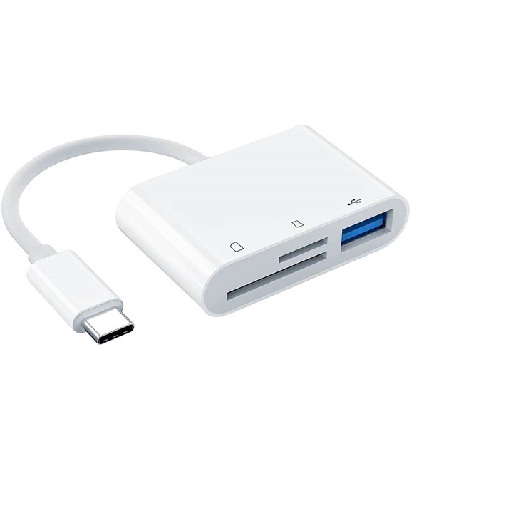 Cititor de carduri 3 in 1 multifunctional, Cu /SD/TF/USB 3.0, pentru telefon/Pad/Camera, Plug and Play, Compact si portabil, Compatibilitate larga, Viteza rapida de transfer de date, ABS, Alb