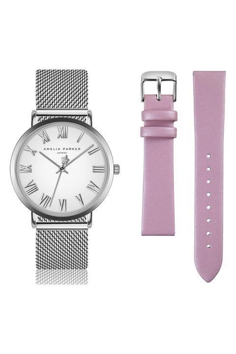 Amelia Parker, Часовник със заменяеми каишки, Сребрист, Розов