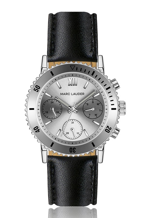 Marc Lauder, Мултифункционален часовник с кожена каишка, Черен