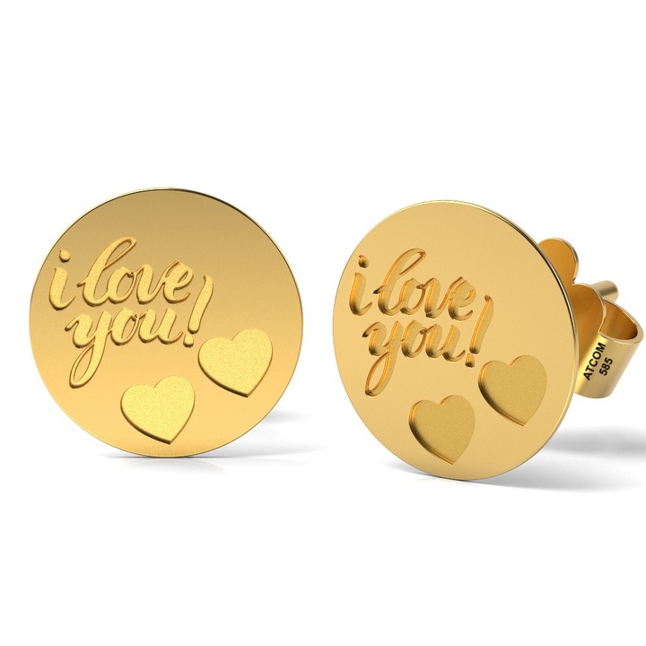 Cercei din aur galben model I love you cu inimioare