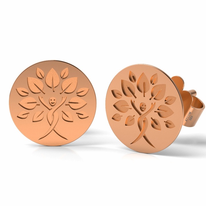 Cercei din aur roz model Copacul vietii cu chip