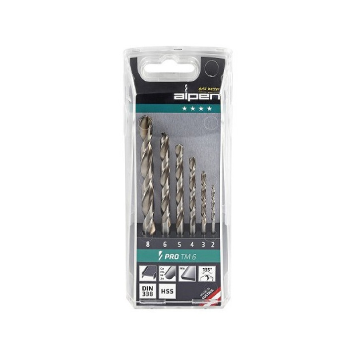 6 darabos köszörűfúró készlet, Alpen, Fémhez, HSS PRO TM6, Ezüst