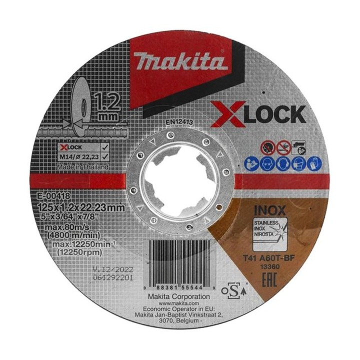 Disc de taiere pentru inox, Makita, 125/22.23/1.2 mm, X-LOCK A60T, 125 mm