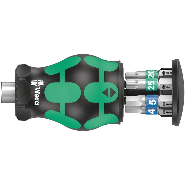 Отвертка с магазин за 6 бита, Wera, 1/4" Kraftform Kompakt Stubby 3, битове: Torx и Hex-plus.