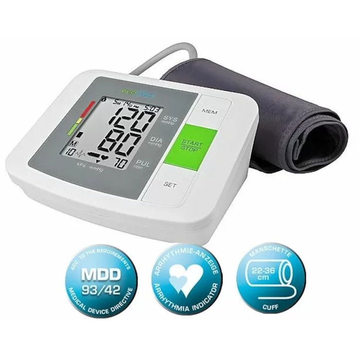 Апарат за измерване на кръвно налягане Ecomed BU-90E, Маншет: 22-36 см, Памет: 2 x 90 измервания, LCD дисплей, За над лакът, Бял