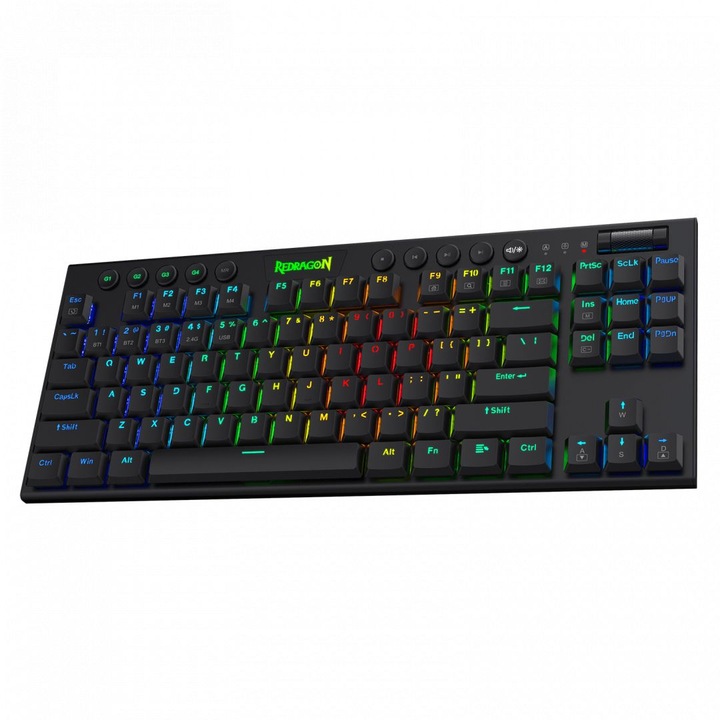 Tastatura gaming wireles Horus, Redragon, Iluminare RGB, Negru