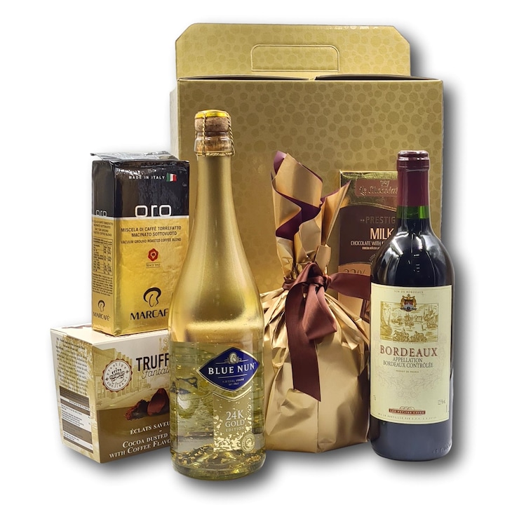 Подаръчен пакет Gold Elegance с пенливо вино Blue Nun, наситено с 24k злато, вино Бордо и други разнообразни изненади