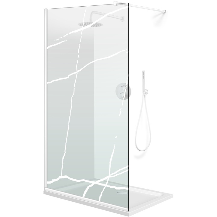 Paravan dus walk-in Aqua Class ® White, model Marble alb, sticla clara, securizata, anticalcar, 100x195 cm