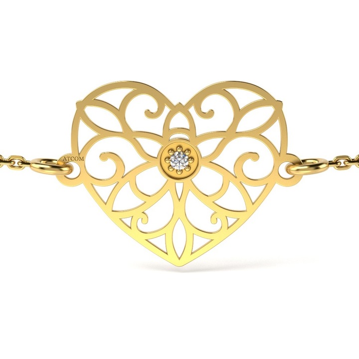 Bratara cu lantisor din aur galben cu diamant model Inima dantelata