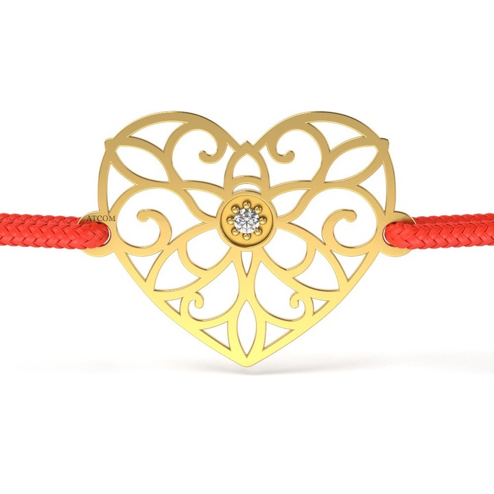 Гривна от жълто злато с дантелен модел сърце диамант