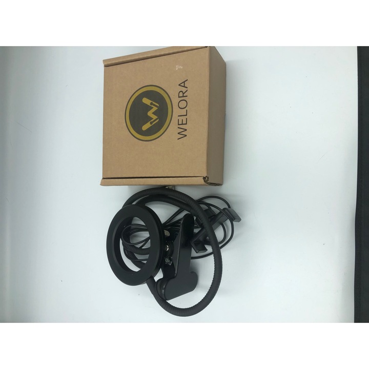 Lampa de birou LED Selfie Ring Profesionala Welora®, 3 Moduri de Lumina, Suport Telefon, Suport Prindere Tip Clema, Flexibila 360 Grade, Putere Luminozitate Reglabila, Conectare USB, Telecomanda, Negru