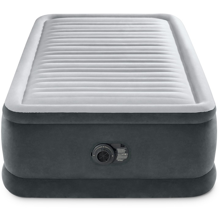 Saltea gonflabila Twin Comfort-plush Elevated INTEX 64412ND, 99x191xH46 cm, pompa electrica integrata, gri deschis/gri inchis