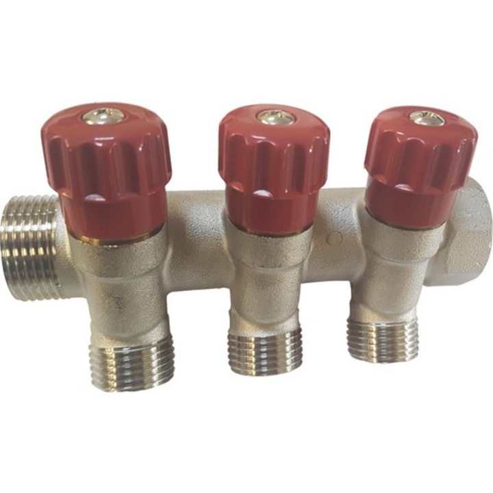 Distribuitor cu robinet 1”, 3 iesiri, rosu