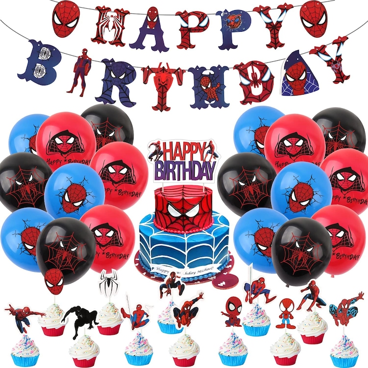 Комплект от 18 детски балона Спайдърмен, Парти за рожден ден, Латекс, 1 Банер Happy Birthday, 24 Топера за кексчета, 1 Топер за торта, Многоцветен