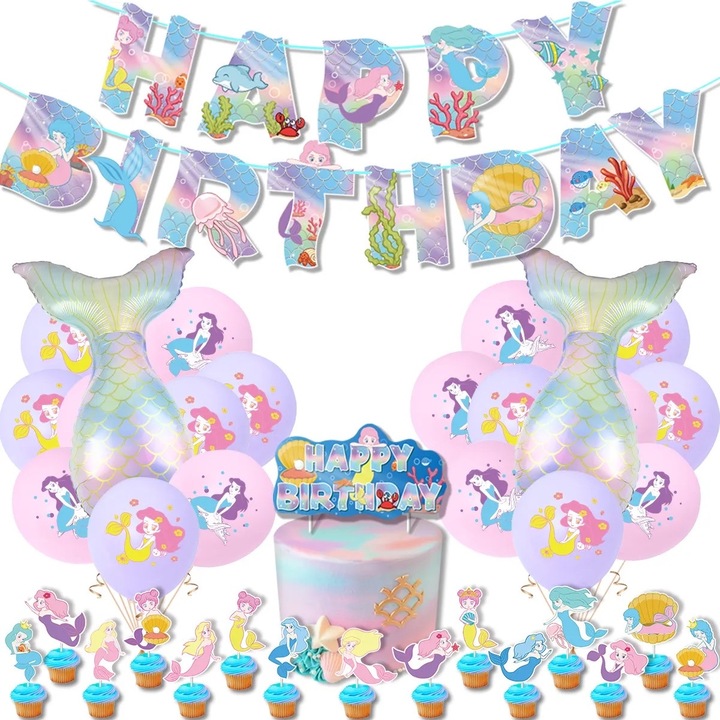 Детски балони, Русалки, Парти за рожден ден, Латекс, 1 банер "Happy Birthday", 16 топера за кексчета, 1 топер за торта, Розов, Комплект от 24