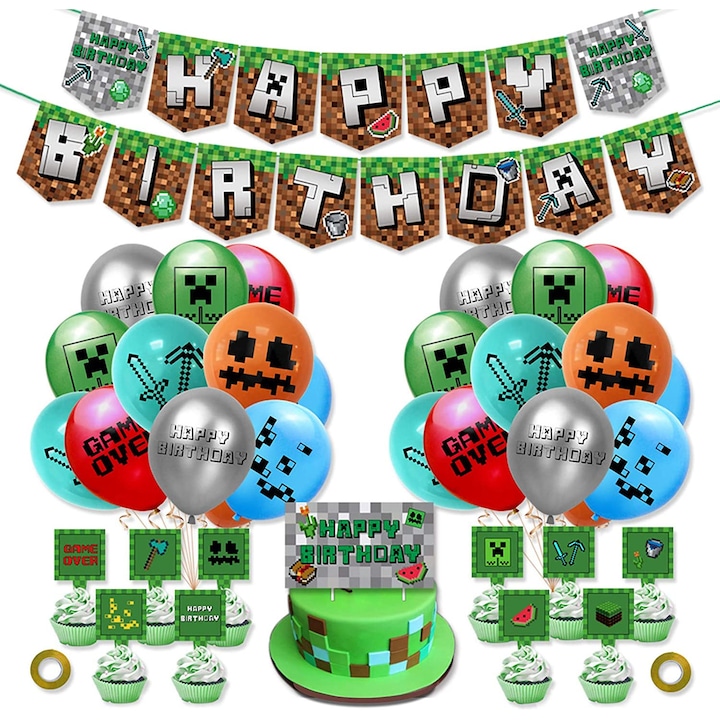 Комплект от 24 детски балона, Minecraft, парти за рожден ден, латекс, 1 банер Happy Birthday, 12 топчета за кексчета, 1 топче за торта, зелен