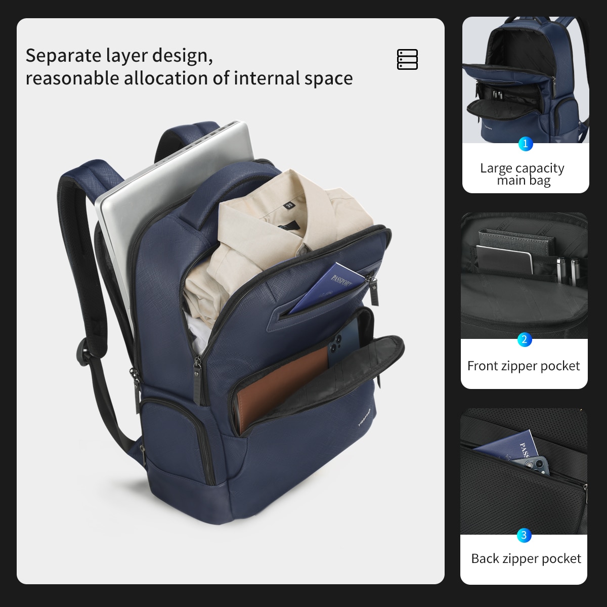 Rucsac laptop 15.6", casual business, material impermeabil rigid, cu buzunar antifurt, Tigernu, 45x32x15 cm, Albastru