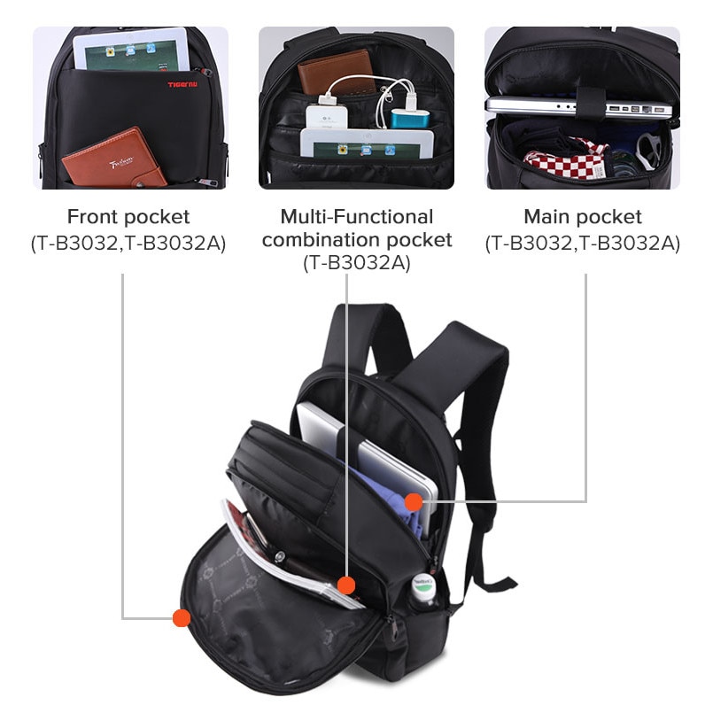 Rucsac laptop 19", casual, impermeabil, cu husa antisoc pentru laptop, Tigernu, 54x35x20 cm, Negru