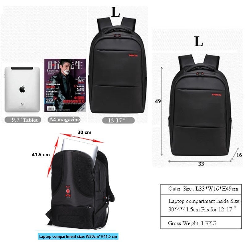 Rucsac laptop 17" smart casual, impermeabil, Tigernu, 49x33x16 cm, Negru