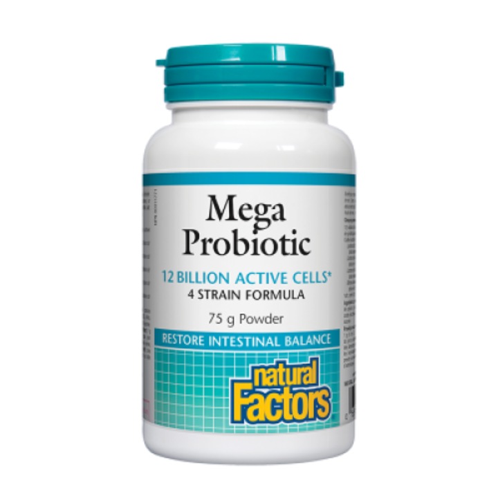 Хранителна добавка Natural Factors, Mega Probiotic, Мега пробиотик 4 щама, 12 млрд. активни пробиотици 75 g пудра х 75 дози